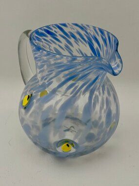 Anthropologie Lacey Lemon Bead Glass Pitcher Clear with Light Blue Swirls, MINT!